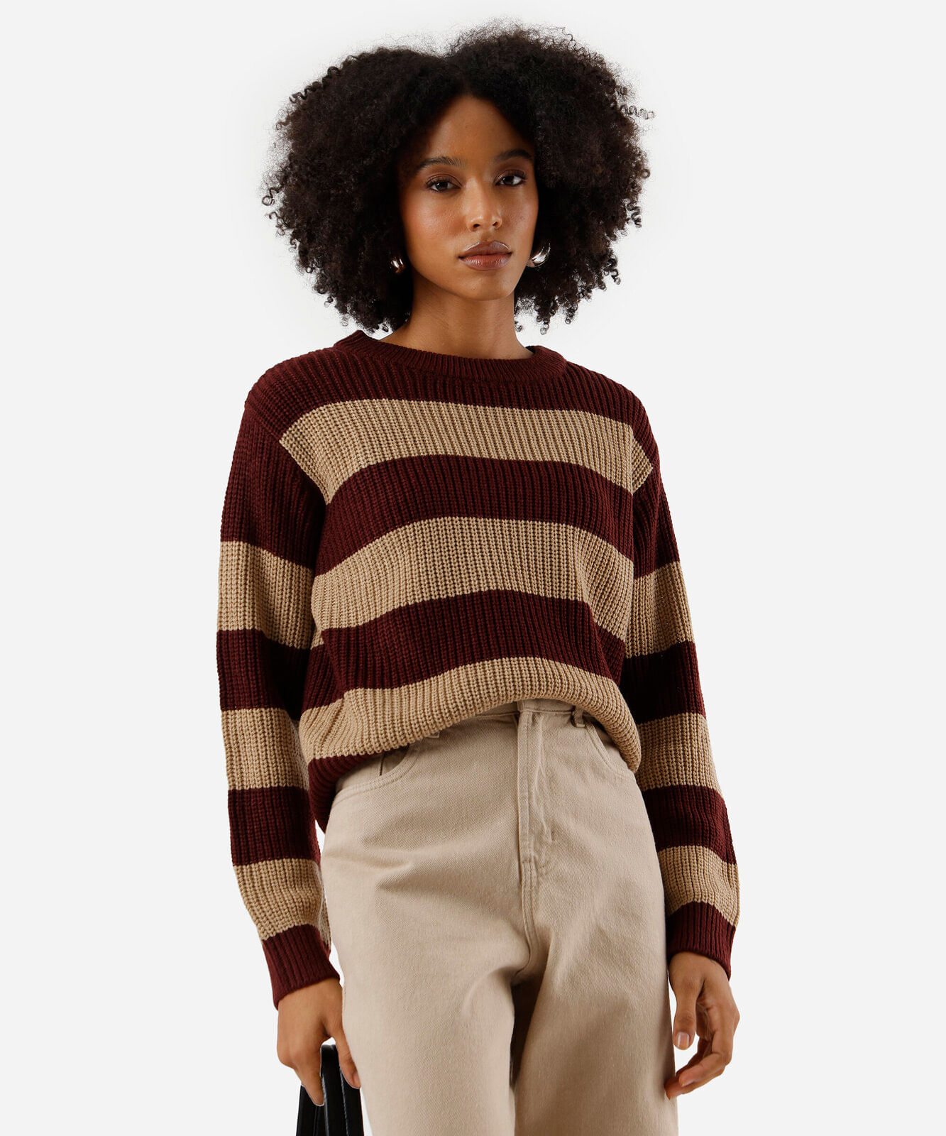 suéter feminino de tricot gola redonda listrado vinho