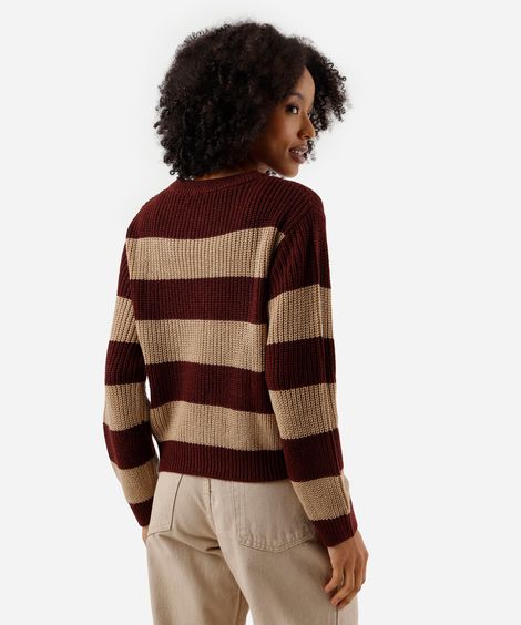 suéter feminino de tricot gola redonda listrado vinho
