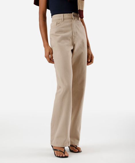 calça wide leg slim feminina de sarja cintura alta bege