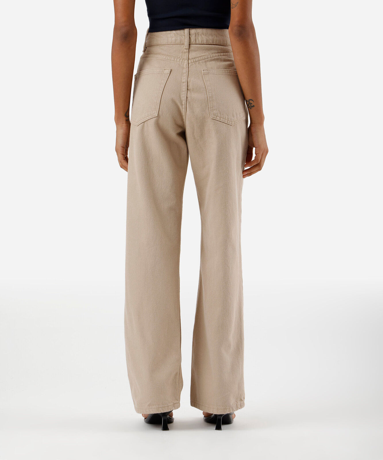calça wide leg slim feminina de sarja cintura alta bege