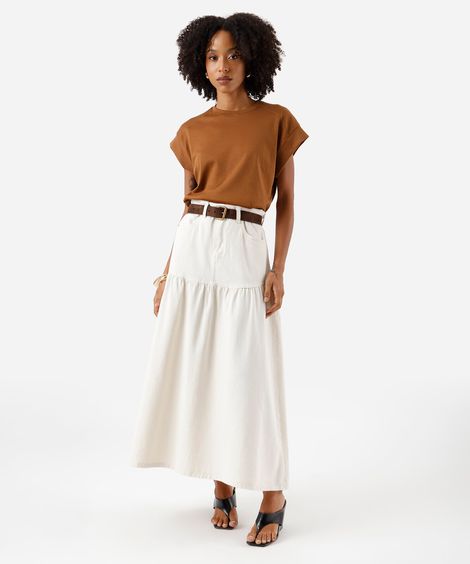 saia midi feminina de sarja com recorte cintura alta off white