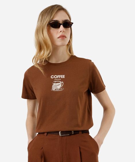 camiseta feminina de algodão estampada marrom