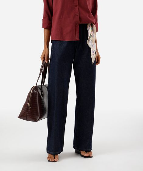 calça wide leg slim feminina jeans cintura alta azul