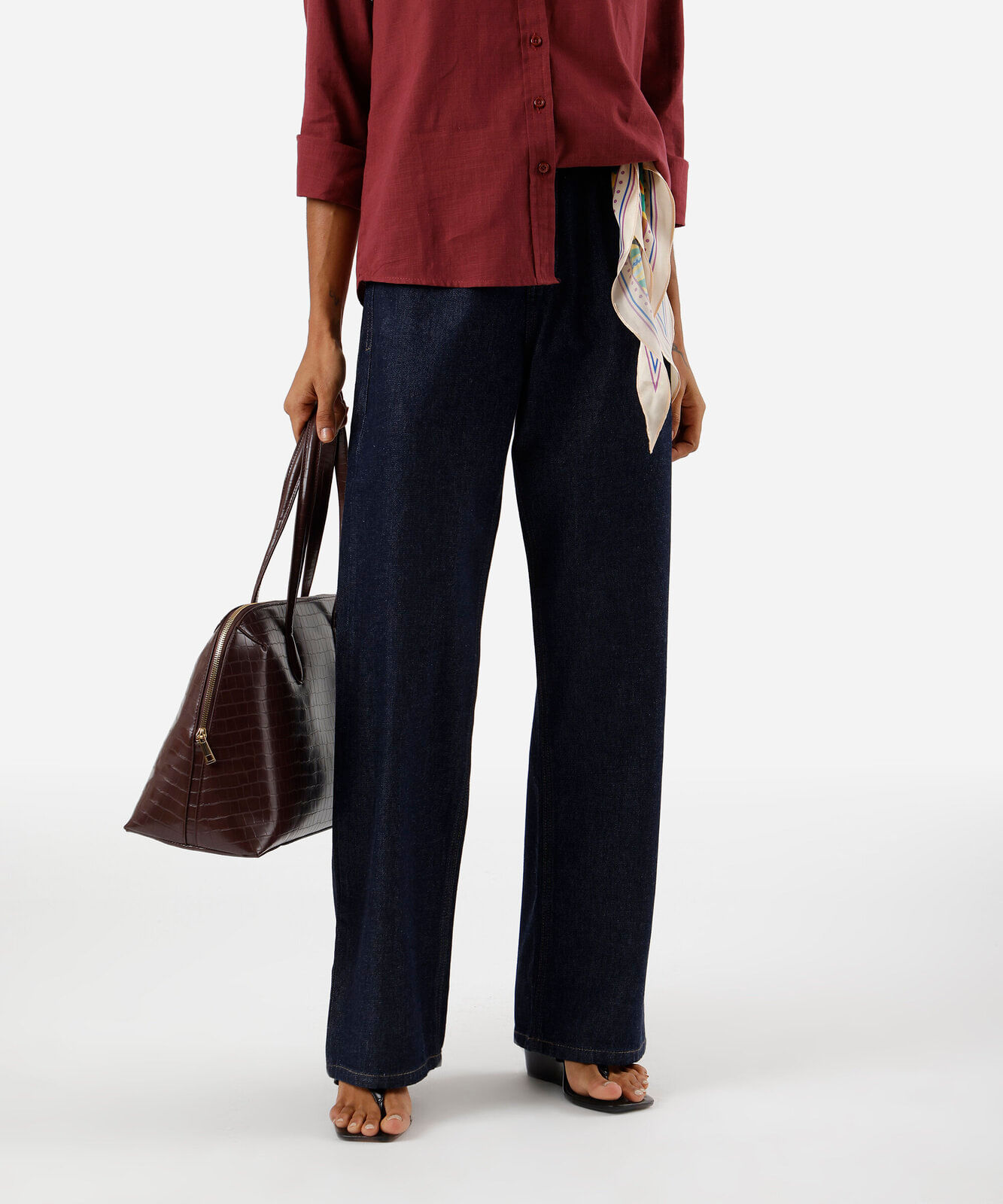 calça wide leg slim feminina jeans cintura alta azul