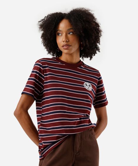 camiseta feminina com algodão mickey listrada vinho