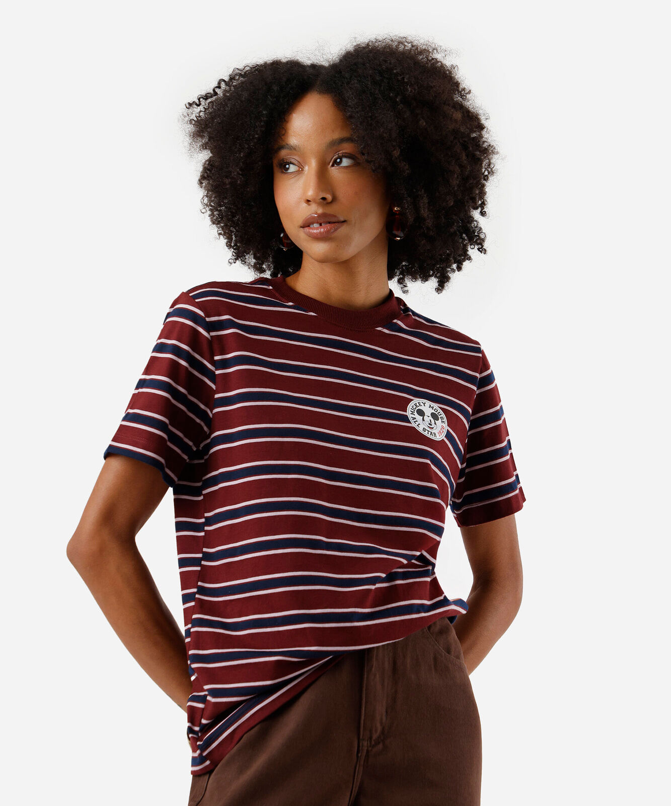 camiseta feminina com algodão mickey listrada vinho