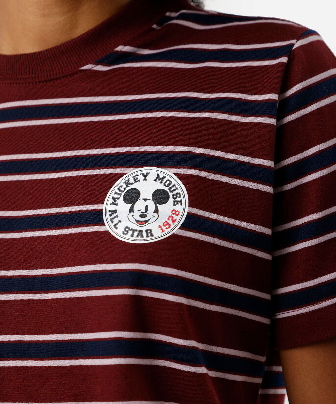 camiseta feminina com algodão mickey listrada vinho