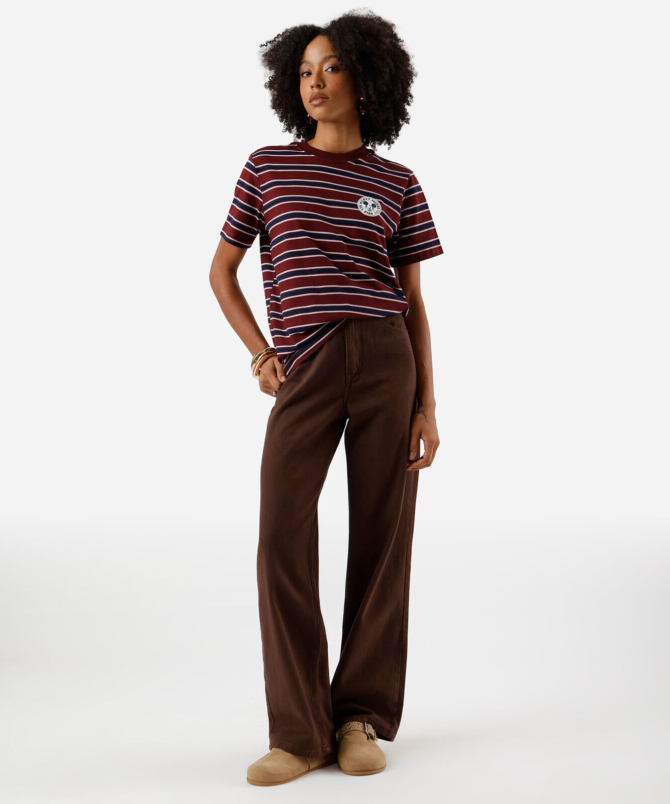 camiseta feminina com algodão mickey listrada vinho