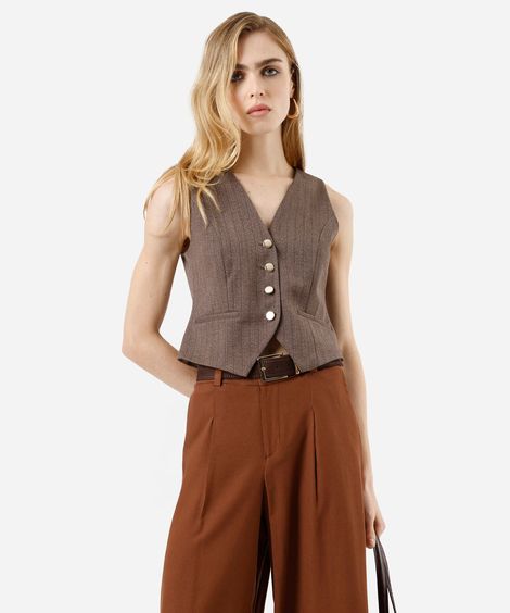 colete de alfaiataria feminino decote v listrado marrom