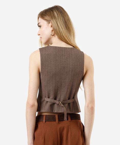 colete de alfaiataria feminino decote v listrado marrom