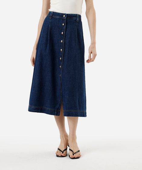 saia midi evasê feminina jeans com pregas cintura alta azul