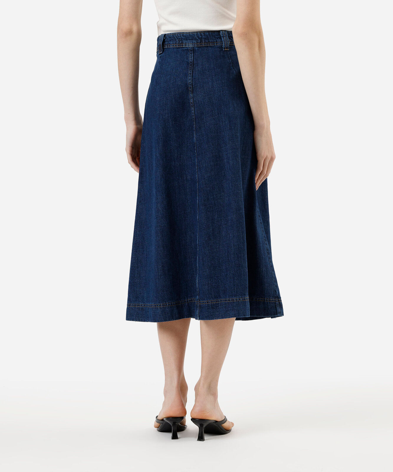 saia midi evasê feminina jeans com pregas cintura alta azul