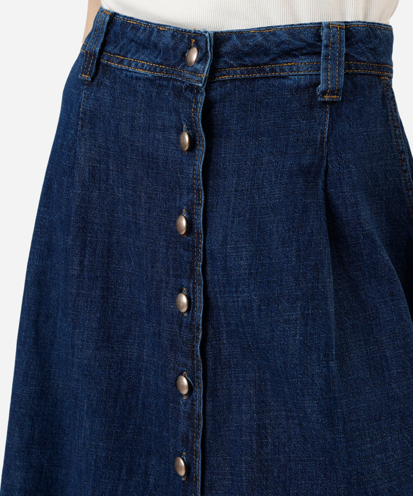 saia midi evasê feminina jeans com pregas cintura alta azul