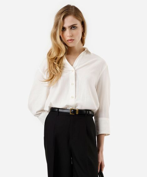 camisa feminina com linho manga longa off white