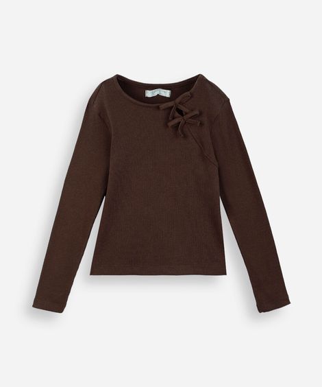 blusa infantil manga longa canelada com lacinho marrom