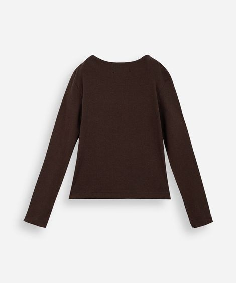 blusa infantil manga longa canelada com lacinho marrom
