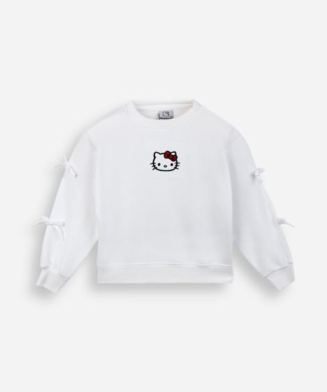 blusão infantil de moletom com bordado e laços hello kitty off white