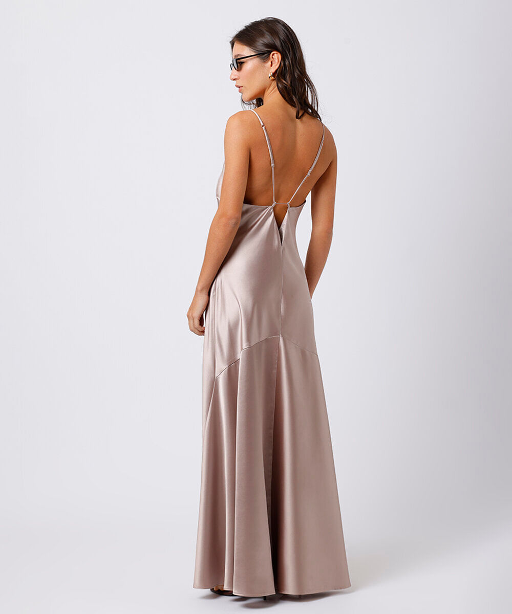 vestido longo slip dress feminino acetinado mindset bege