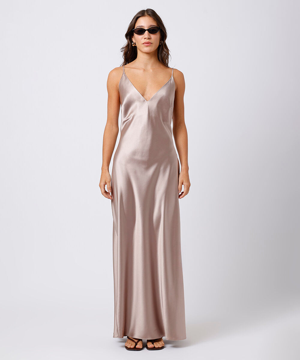 vestido longo slip dress feminino acetinado mindset bege