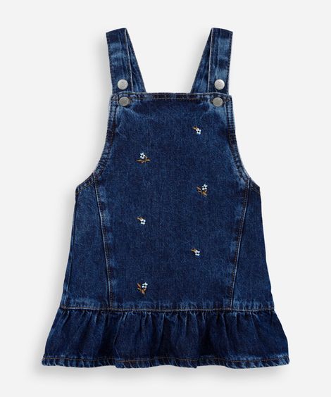 salopete infantil jeans com babado e bordado floral  azul