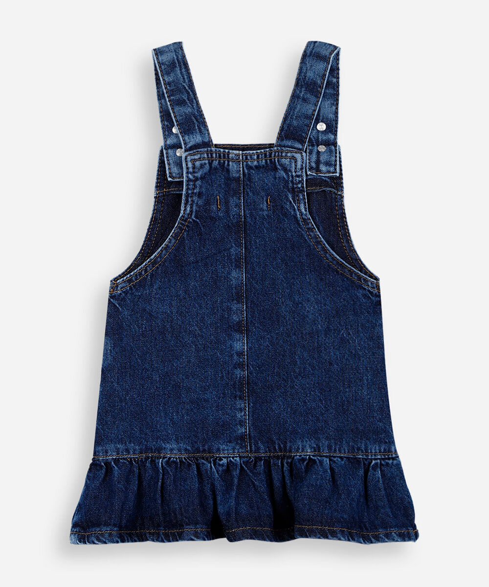 salopete infantil jeans com babado e bordado floral  azul