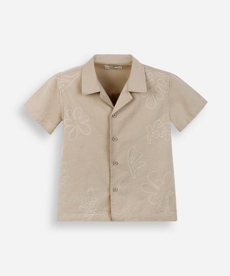 camisa infantil com linho manga curta bordada bege