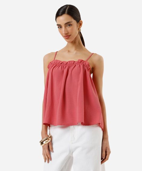 blusa alça fina feminina com viscose e babado rosa