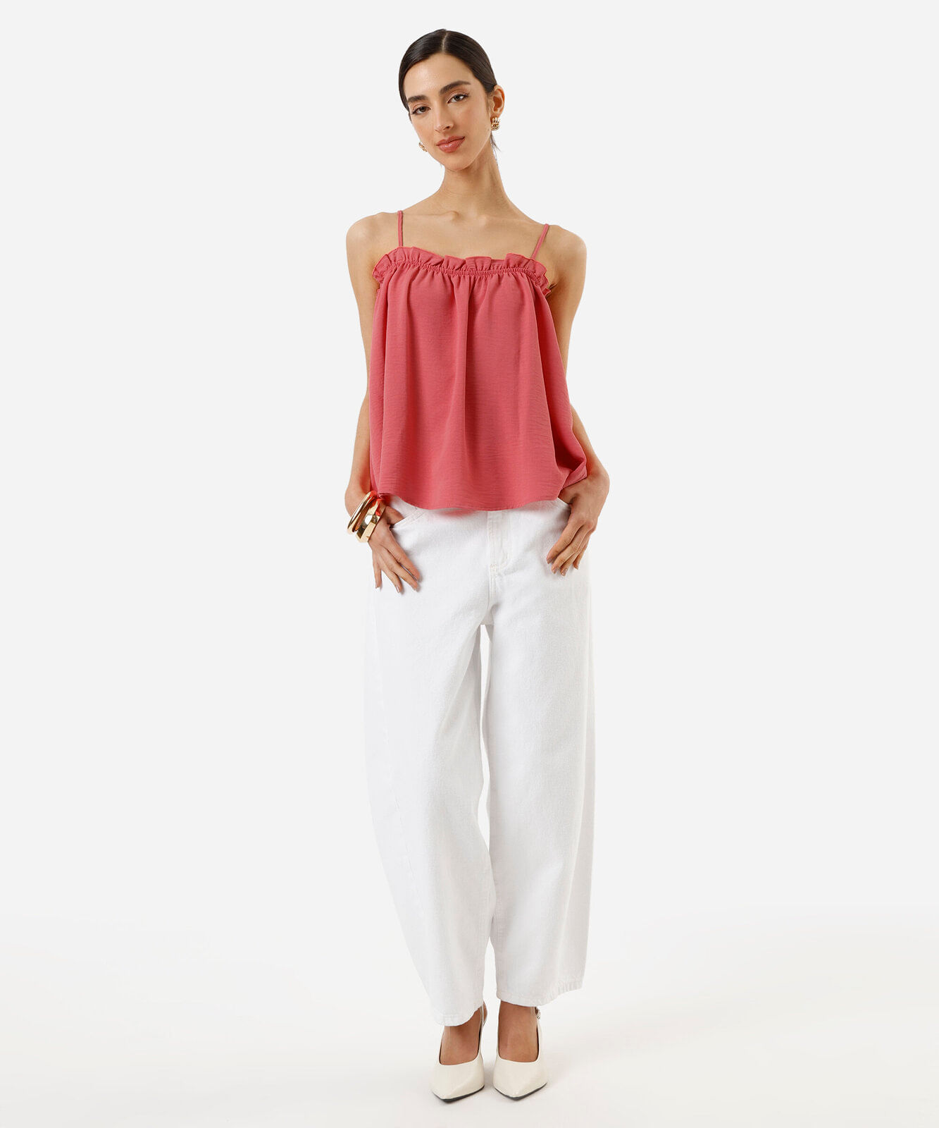 blusa alça fina feminina com viscose e babado rosa