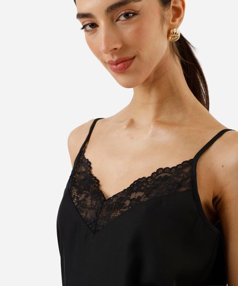 regata alça fina feminina com renda acetinada preto
