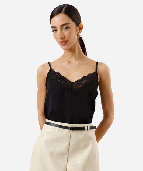 regata alça fina feminina com renda acetinada preto