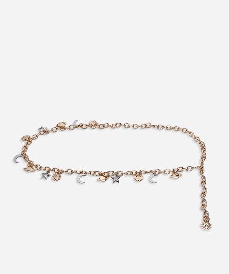 cinto de corrente com pingentes de ícones dourado