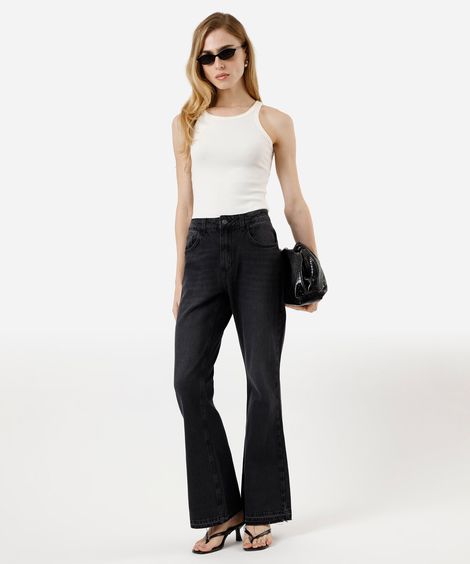 calça flare feminina jeans barra a fio cintura média preta
