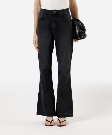 calça flare feminina jeans barra a fio cintura média preta