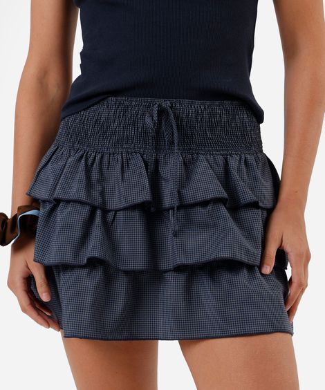 minissaia feminina com babados e franzidos xadrez azul