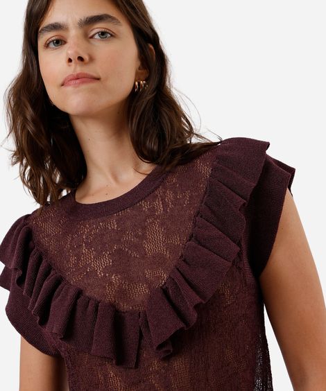blusa feminina de tricot com babado floral vinho