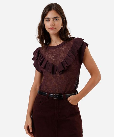 blusa feminina de tricot com babado floral vinho