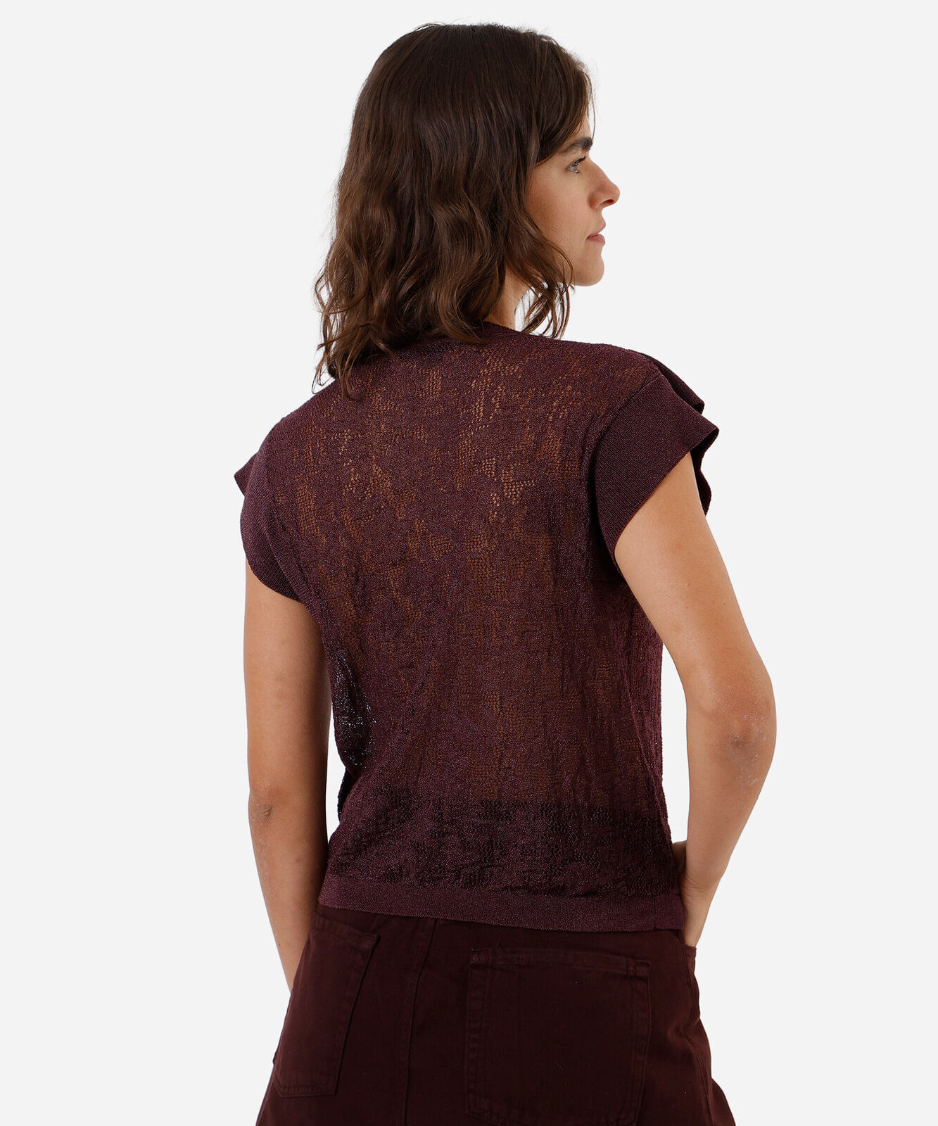 blusa feminina de tricot com babado floral vinho