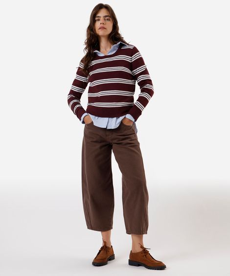 calça balloon feminina de sarja com cordão cintura média marrom