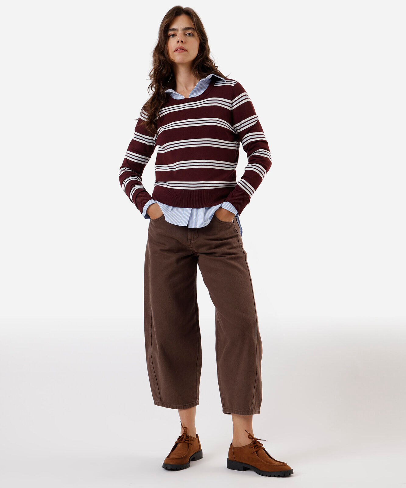 calça balloon feminina de sarja com cordão cintura média marrom