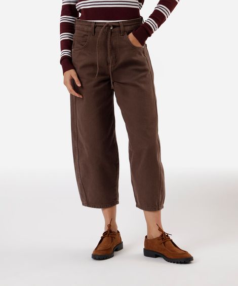 calça balloon feminina de sarja com cordão cintura média marrom