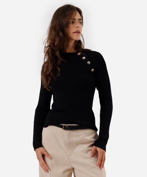 suéter feminino de tricot com botões canelado preto
