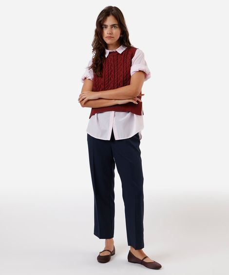 calça reta de alfaiataria feminina cropped azul