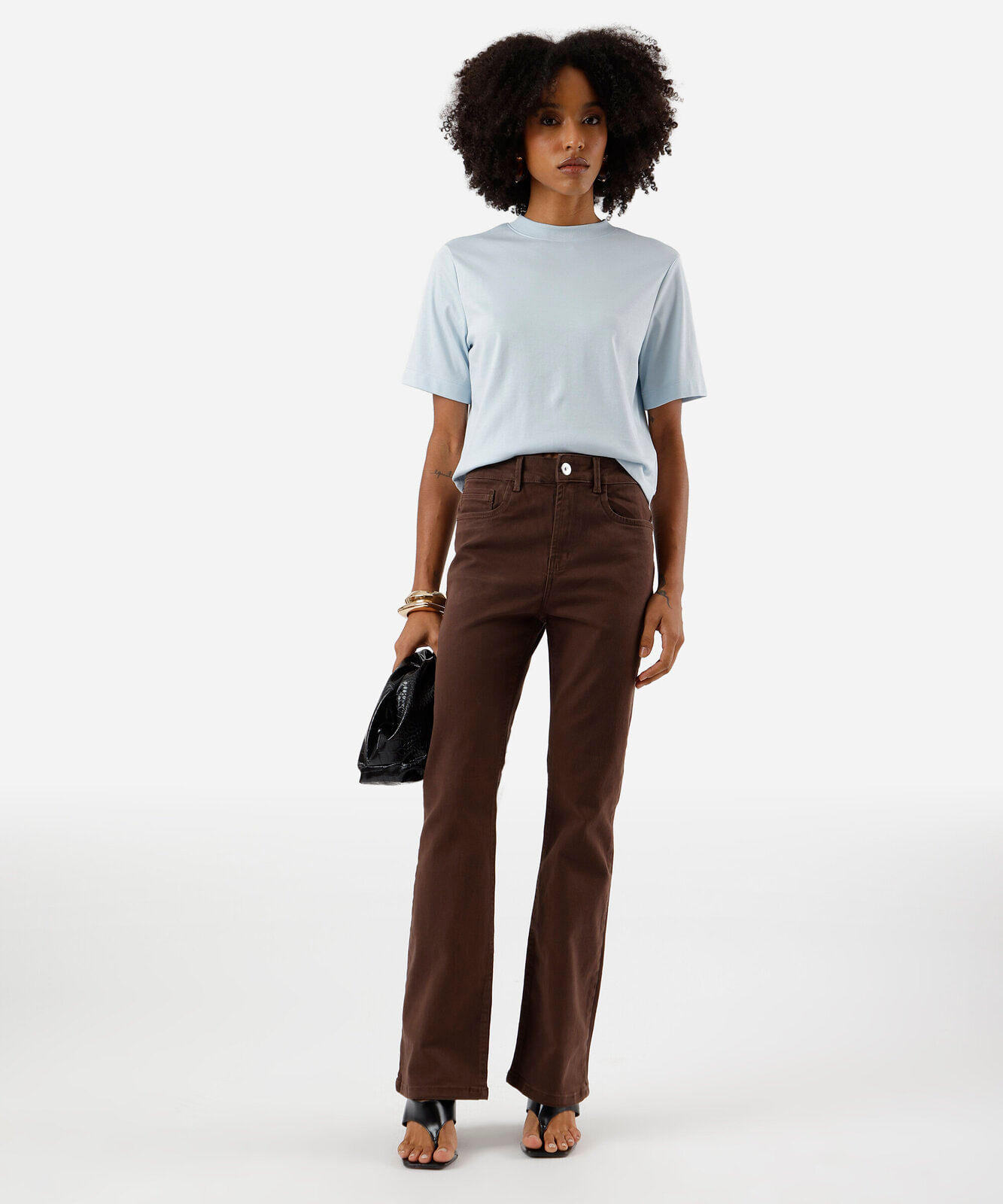 calça flare feminina de sarja cintura alta marrom