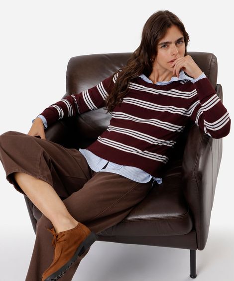 suéter básico feminino de tricot listrado vinho