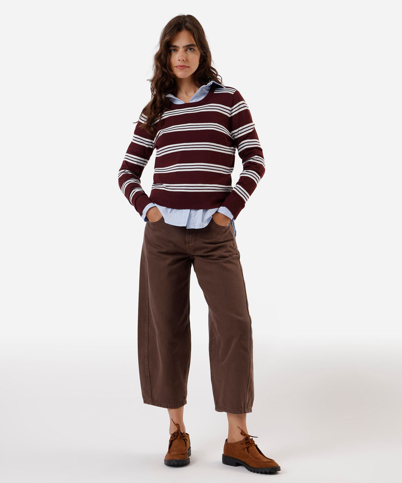 suéter básico feminino de tricot listrado vinho