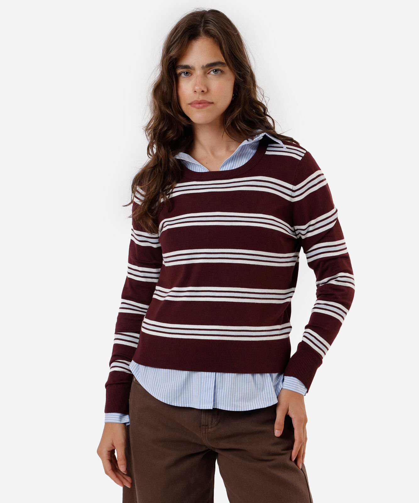 suéter básico feminino de tricot listrado vinho