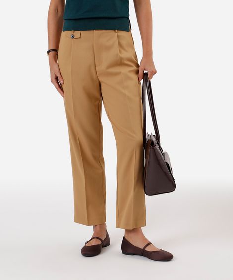 calça reta de alfaiataria feminina cropped bege