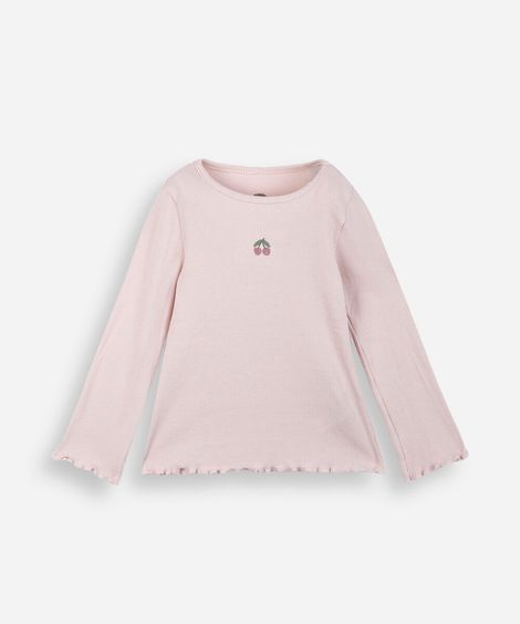 blusa infantil de algodão com bordado canelada rosa