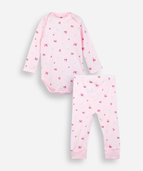 conjunto longo infantil com body floral rosa
