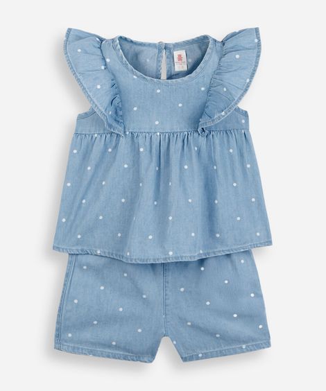 conjunto curto infantil jeans poá azul